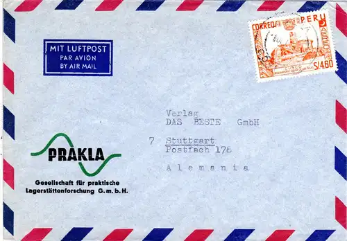 Peru 1965, EF 4,60 S Inka Sonnen Observatorium auf Luftpost Brief n. Deutschland