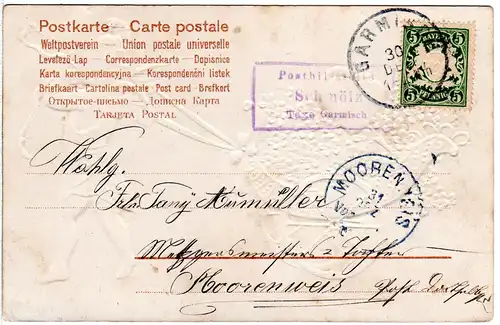 Bayern 1906, Posthilfstelle SCHMÖLZ Taxe Garmisch auf Neujahrs AK m. 5 Pf.