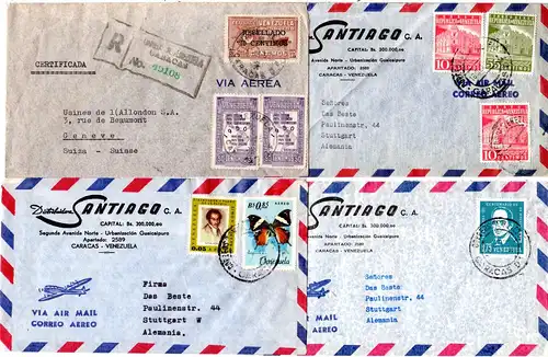Venezuela 1951/65, 4 Luftpost Briefe n. Europa, dabei ein Einschreiben