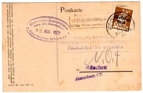 DR 1921, alter Bayern Stpl. Posthilfstelle UNTERGERMARINGEN auf Karte m. 40 Pf.