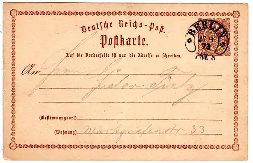 DR 1873. Hufeisen Stpl. BERLIN klar auf 1/2 Gr. Ganzsache in Ortsverwendung