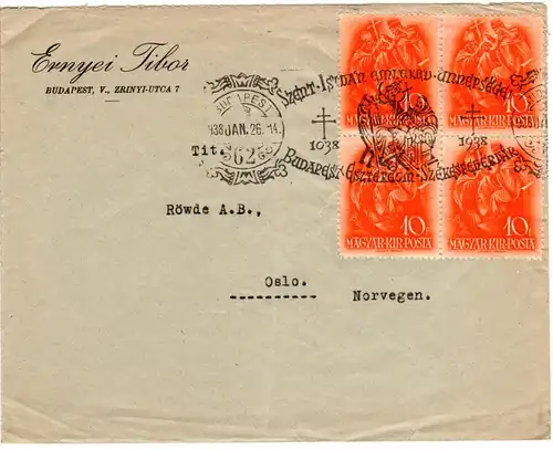Ungarn 1926, 4er-Block 10 F. auf Brief m. Budapest Sonderstempel n. Norwegen