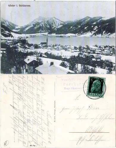 Bayern 1913, R3 Posthilfstelle PARSBERG Taxe Miesbach auf Winter-sw-AK m. 5 Pf.