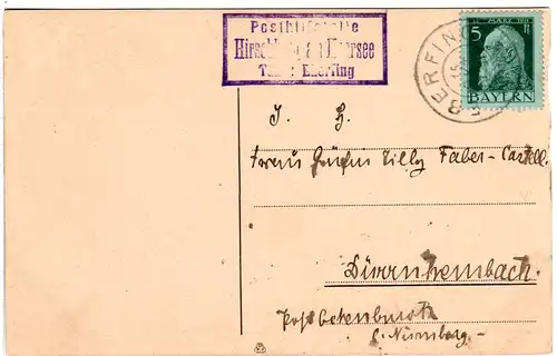Bayern 1912, Posthilfstelle HIRSCHBERG AM HAARSEE T. Eberfing auf Karte m. 5 Pf.