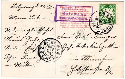Bayern 1905, Posthilfstelle HOLZWANG Taxe Wolfratshausen auf Karte m. 5 Pf.