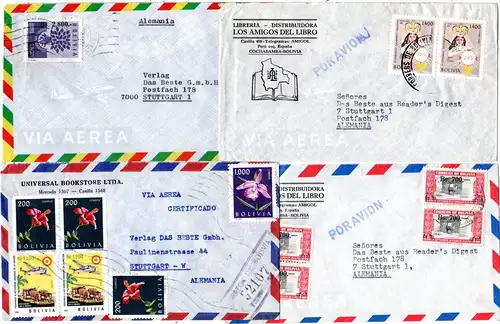 Bolivien 1962/67, 4 Luftpost Briefe n. Deutschland, dabei ein Einschreiben