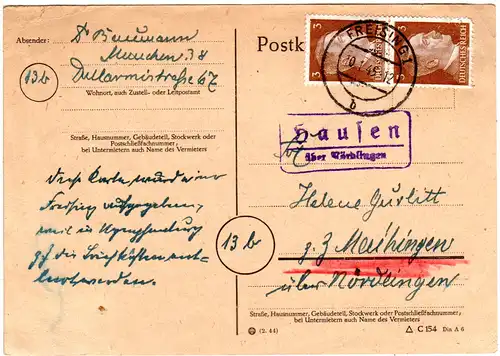 DR 1945, Landpost Stpl. HAUSEN über Nördlingen auf Nachsende Karte v. Freising