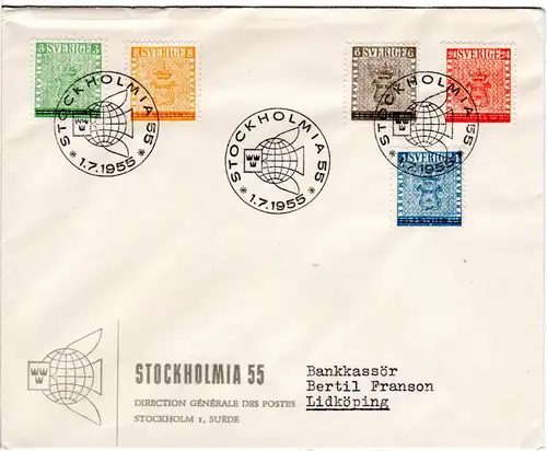 Schweden, Stockholmia 1955, 5 Werte kpl. auf Brief m. entspr. FDC Sonderstpl.