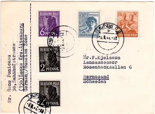 SBZ 1947, 5 Marken auf portorichtiger privater Postkarte v. Leipzig n. Schweden