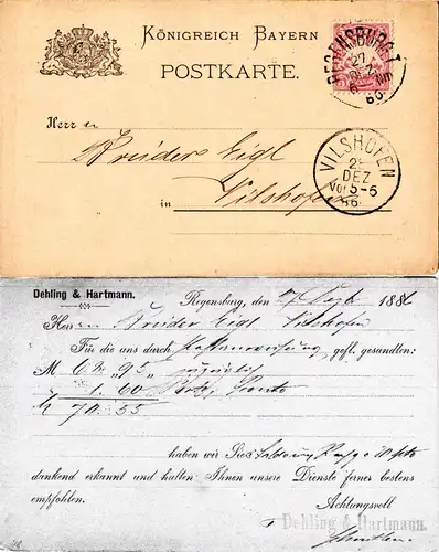 Bayern 1886, 5 Pf. auf privater Firmenkarte Dehling&Hartmann, Regensburg 
