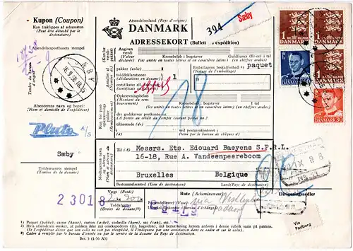 Dänemark 1958, 5 Marken auf Paketkarte v. SAEBY n. Belgien.