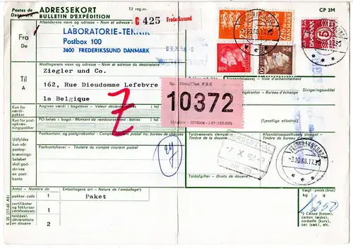 Dänemark 1968, 5 Marken auf Paketkarte v. FREDERIKSSUND n. Belgien.