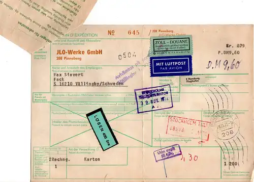 BRD 1972, Luftpost Paketkarte v. PINEBERG m. Schweden Porto-Etikett 