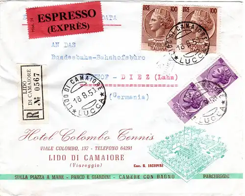 Italien 1953, 4 Marken auf Reko Express Brief v. Lido Di Camaiore n. Deutschland