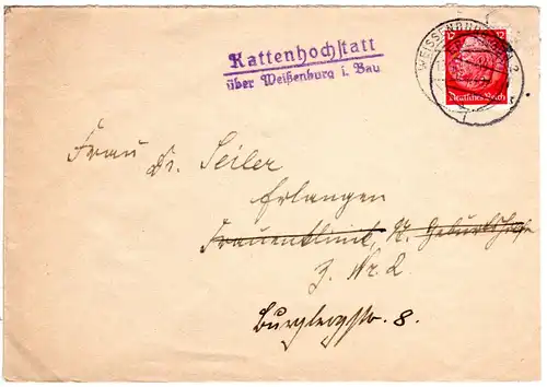 DR 1940, Landpoststempel KATTENHOCHSTATT über Weissenburg auf Brief m. 12 Pf. 