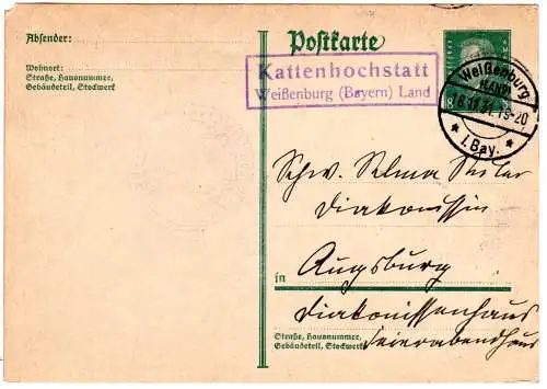 DR 1931, R2 Landpost Stpl. KATTENHOCHSTATT Weißenburg Land auf 6 Pf. Ganzsache.