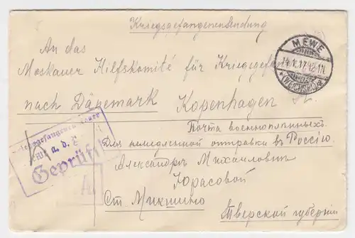 DR 1917, Mewe Weichsel, Polen, Offiziers KGF POW Zensur Brief n. Dänemark. #1316