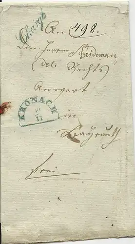 Bayern 1845, HKS Kronach u. L1 Chargé je in blau auf  Brief  n. Bayreuth. #2522