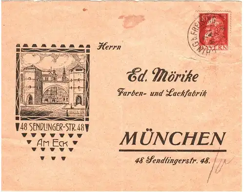 Bayern 1912, K2 Eching b. Freising auf Reklame Rück Brief v. München. #2611