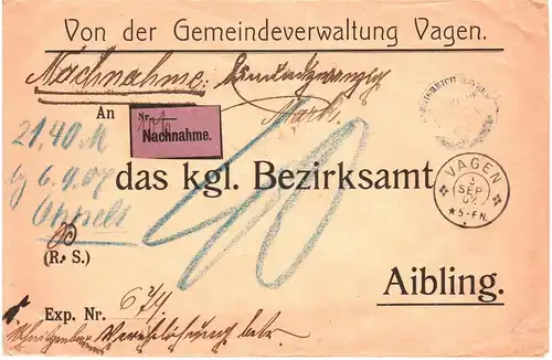 Bayern 1907, K2 Vagen auf Gemeindeverwaltungs Nachnahme Brief n. Aibling. #2605