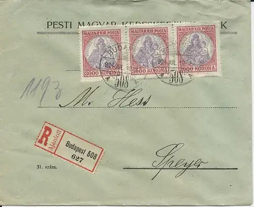 Ungarn 1924, 3er-Streifen 3000 Kr. auf Einschreiben Brief n. Speyer, DR.  #2242