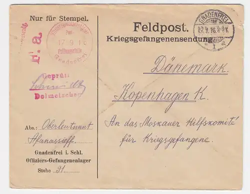 DR 1917, Gnadenfrei Polen, KGF POW Dolmetscher Zensur Brief n. Dänemark. #837