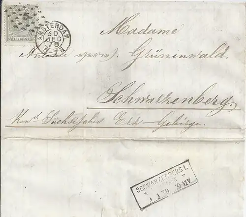 NL DR 1878, R2 "Schwarzenberg in Sachsen", Ank.-Stpl auf Amsterdam Brief.  #2108