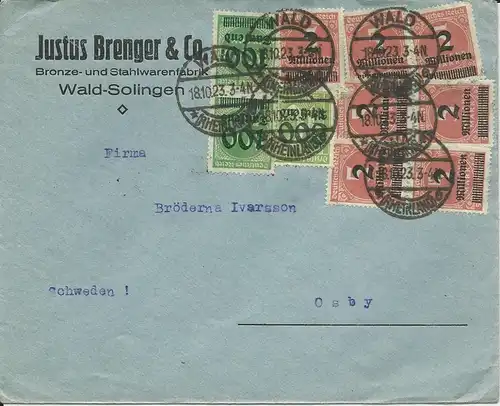 DR 1923, 10 Marken auf Firmen Brief v. Wald Rheinland n. Schweden. #3064