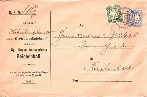 Bayern 1907, 5+20 Pf. auf Orts Brief m. Zust.urkunde v. Bad Reichenhall. #2650