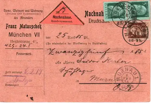 Bayern 1914, 3+Paar 5 Pf. auf Nachnahme Karte v. München 8 n. Murnau. #2675