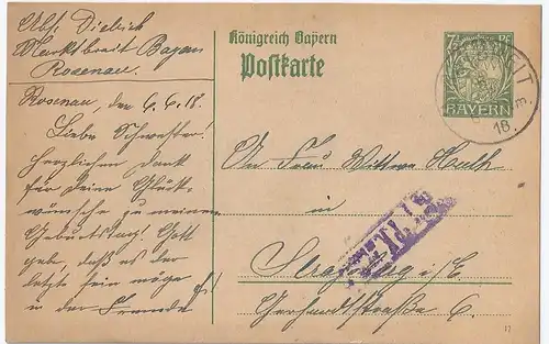 Bayern 1918, Marktbreit, WW I Ganzsache Karte mit Zensur n. Strassburg. #2445