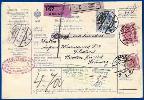 Österreich Schweiz 1908, 1 Kr.+10 H. auf WERT- Paketkarte i.d. Schweiz. #1505