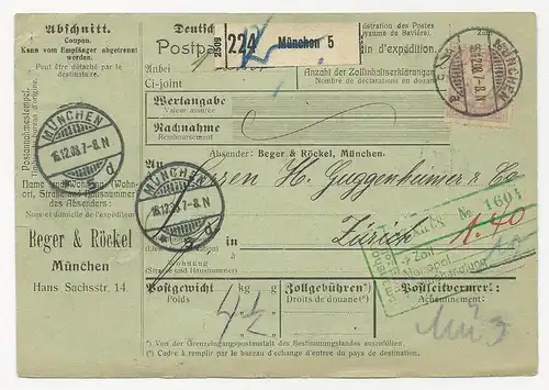 Bayern 1908, EF 80 Pf. auf Paketkarte v. München i.d. Schweiz. #471