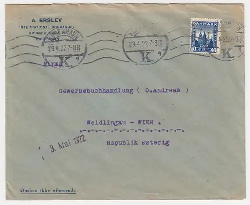 Dänemark Österreich 1922, Firmen Brief m. EF 40 öre blau (Facit 400.-). #1970