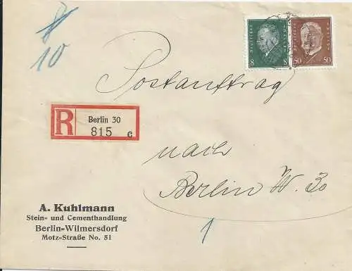 DR 1933, 58 Pf. Orts Einschreiben Postauftrag Brief v. Berlin. Portorichtig!