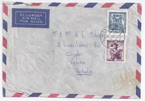 Österreich 1965, 5+2 S. auf Luftpost Brief v. Wien n. AUSTRALIEN! #1919
