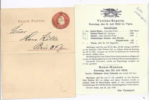 Rudern, Argentinien Karten Brief 1902 n. Peru m. Einladung Vereins Regatta. #834