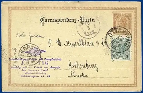 Österreich 1891, K1 Ottakring auf Ganzsache m. Zusatzfr. n. Schweden. #S223