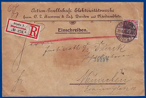 DR 1903, EF 40 Pfg. auf Vordruck Einschreiben Brief v. Dresden n. Bayern. #S412