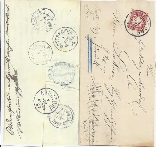Bayern1892, K1 Arnstorf auf Retour Brief m. 10 Pf. u. vielen Stempeln. #2862