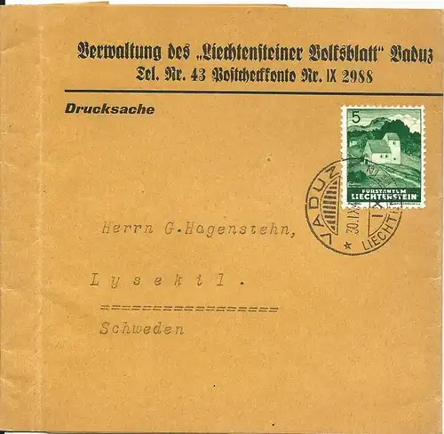 Liechtenstein 1943, Zeitungsschleife m. 5 Rp. v., Vaduz nach Schweden. #S724