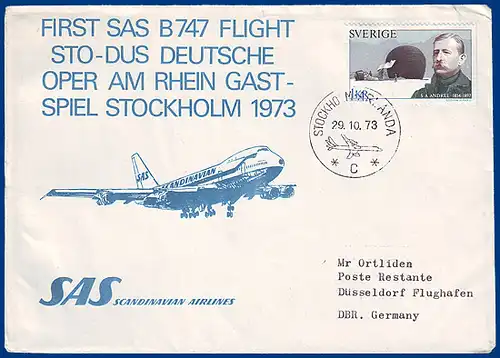 Schweden, SAS-Erstflug Stockholm-Düsseldorf 73-10-29 m. Polar Briefmarke. #S791