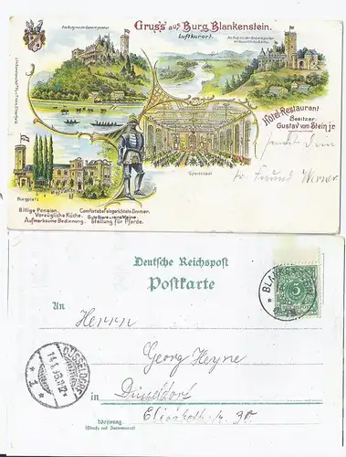Gruss aus Burg Blankenstein, Litho AK v. 1898 m. u.a. Hotel Restaurant. #2349