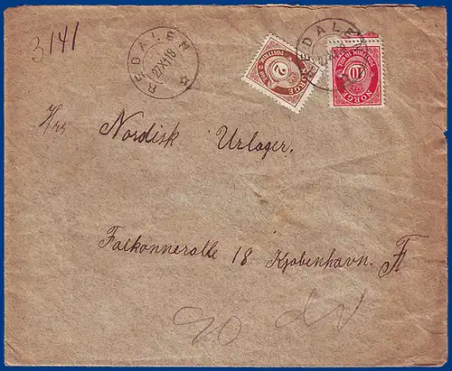 Norwegen 1918, Redalen (Opl), 2+10 öre auf Brief n. Dänemark. #S812