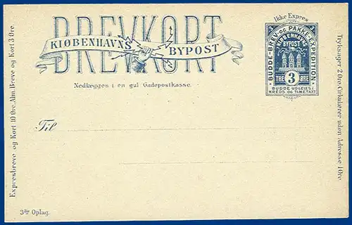 Dänemark Bypost Kopenhagen, ungebr. 3 öre Ganzsache Karte 3die Oplag. #S560