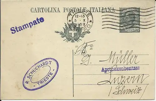 Italien 1922, 15 C. Ganzsache zum Auslands Drucksachen Porto i.d. Schweiz. #2589
