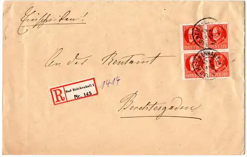 Bayern 1920, MeF 4er-Block 15 Pf. auf Einschreiben Brief v. Bad Reichenhall 