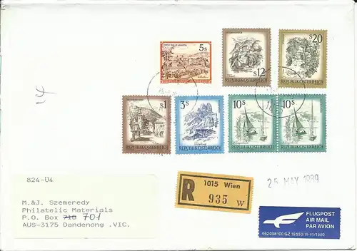 Österreich 1989, 7 Marken auf Einschreiben Luftpost Brief v. Wien n. Australien!