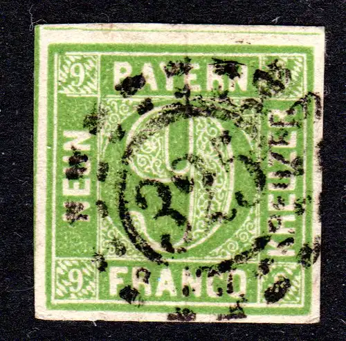 Bayern, allseits breitrandige 9 Kr. m. zentr. oMR 325. Schöne Marke!
