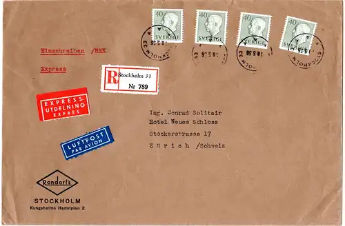 Schweden 1956, MeF 4x40 öre auf Luftpost Einschreiben Express Brief i.d. Schweiz